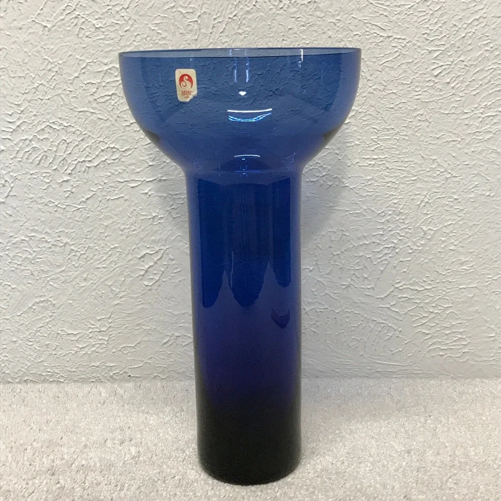 Sasaki Crystal Glass Vase Cobalt Blue MCM Cupped Rim Japan 11.75